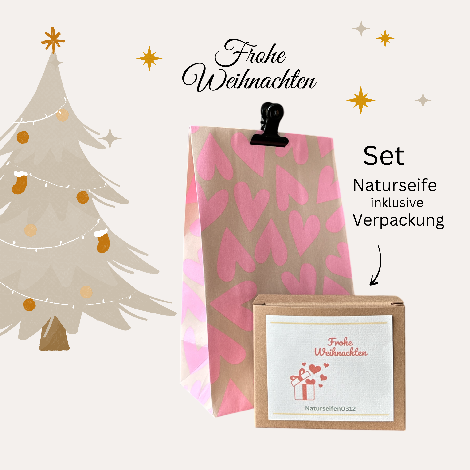 Geschenkset, Geschenkverpackung mit Seifenschachtel, Etikette auf der Schachtel Frohe Weihnachten, Geschenk Herz