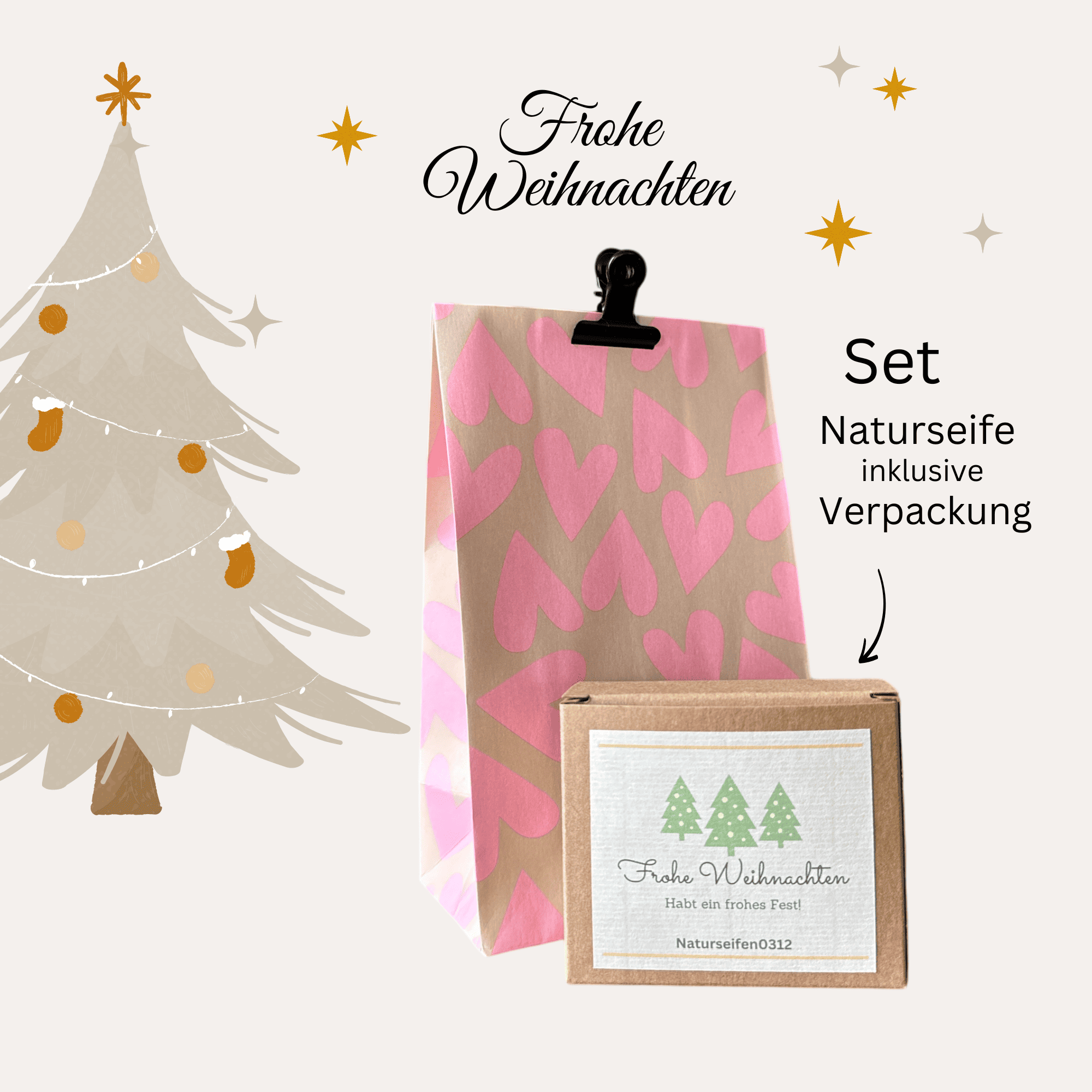 Geschenkset, Geschenkverpackung mit Seifenschachtel, Etikette auf der Schachtel Frohe Weihnachten, drei Tannen 