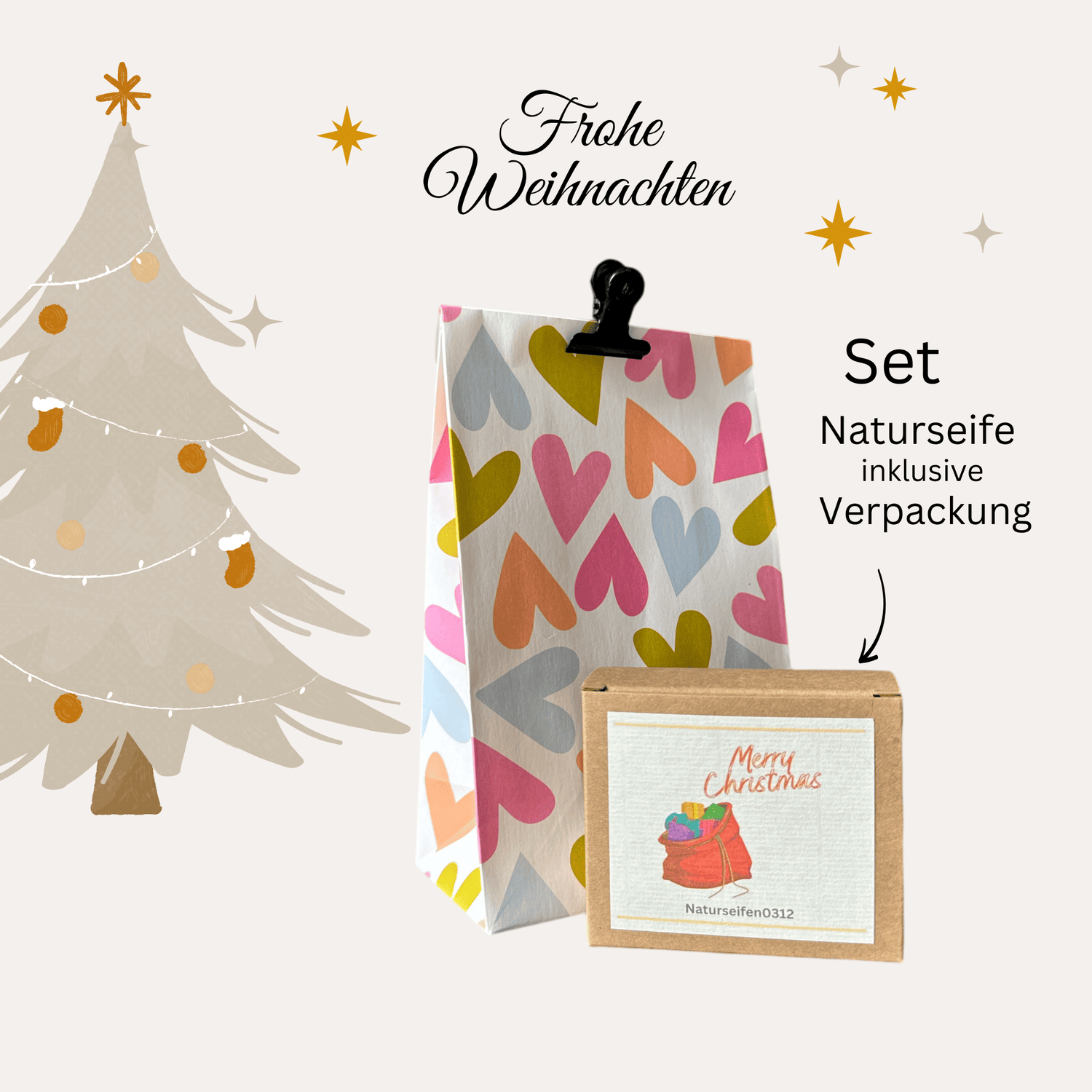 Geschenktüte mit Klemme und Seifenschachtel als Set, mit der Etikette MerryChristmas