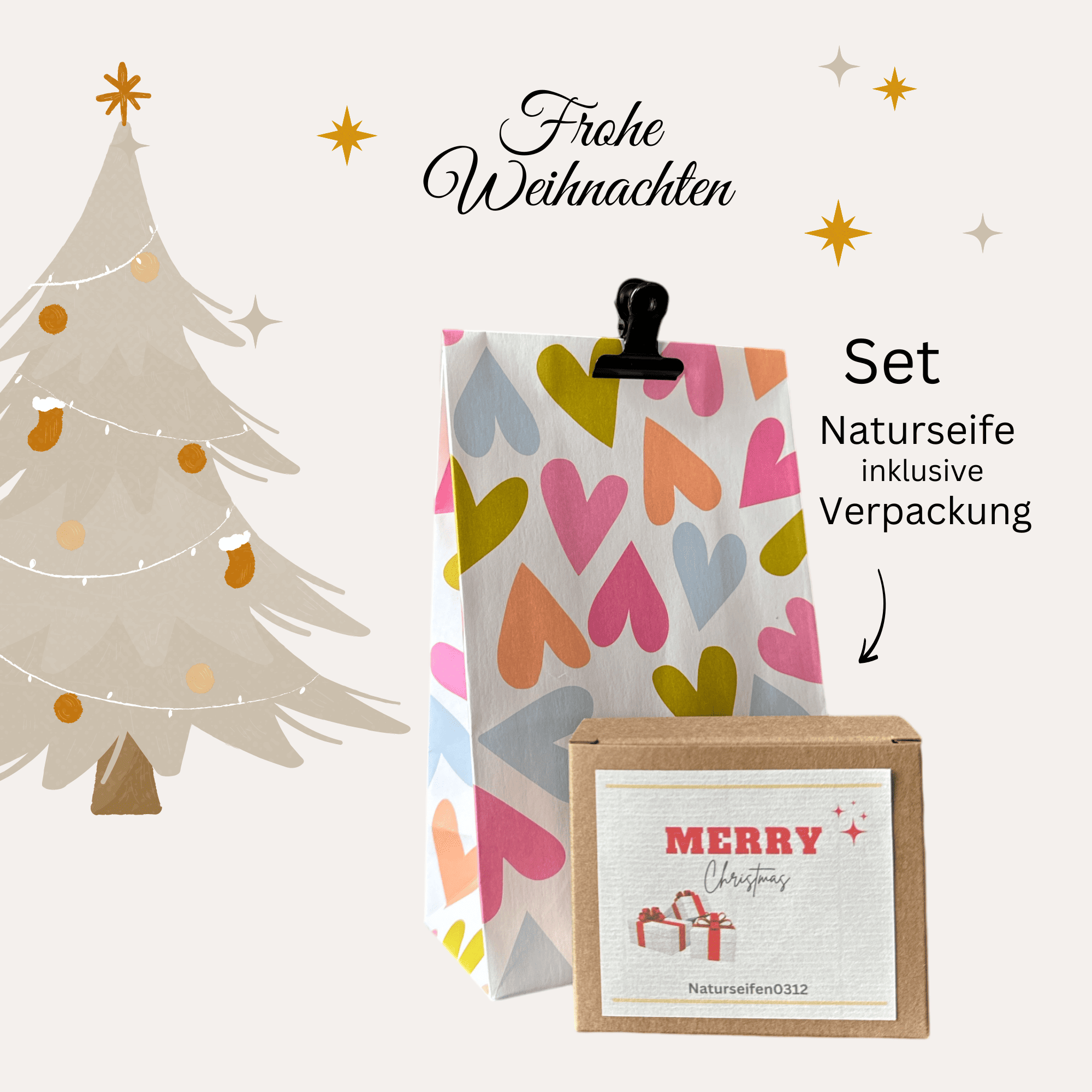 Set Geschenktüte mit Seifenschachtel, Etikette Merry Christmas mit drei kleinen Paketen