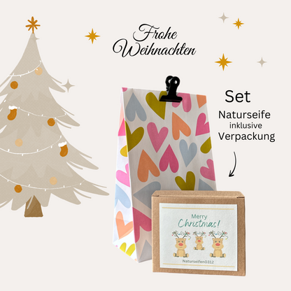 Geschenkset, Geschenkverpackung mit Seifenschachtel, Etikette auf der Schachtel Merry Christmas, Rentiere